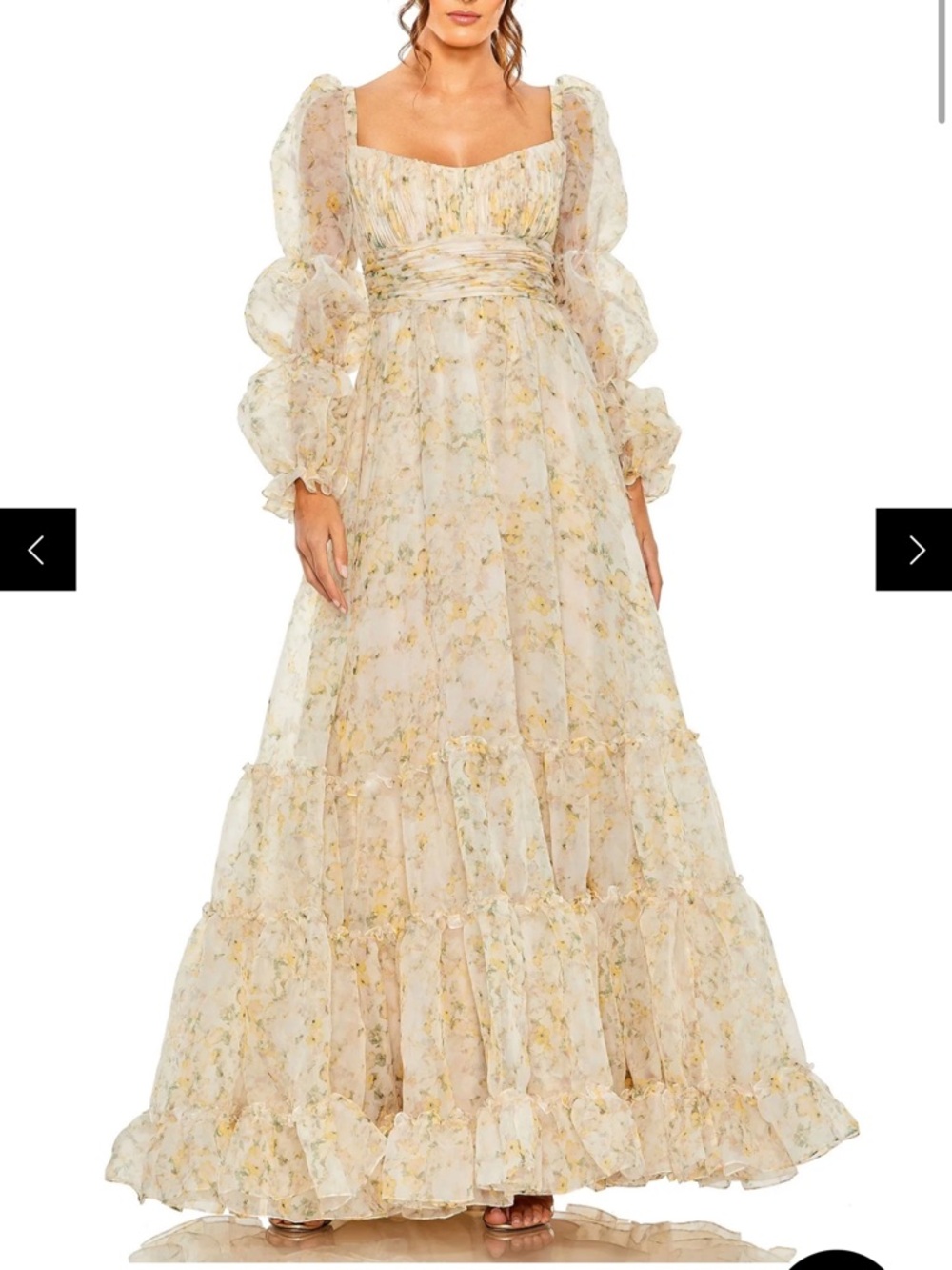 Sheer Floral Puff-Sleeve Maxi Dress in Light Champagne - Picture 1 of 3